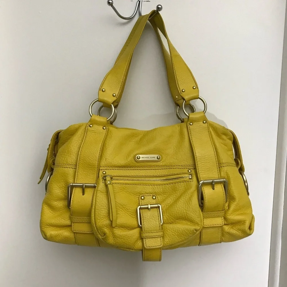 Michael Kors Yellow Leather Outer Pockets Double Handle Satchel Purse Bag
